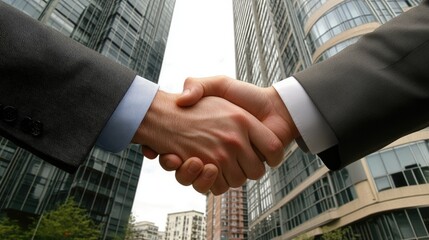 Poster - A close-up of a business handshake in front of abstract office buildings, representing the concept of professional partnerships, growth, and business deals.