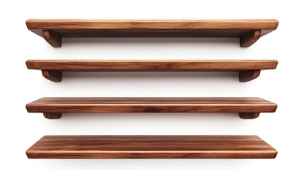 Poster - A collection of brown wooden shelves isolated on a white background, with clipping paths for design and decoration use in creative projects.