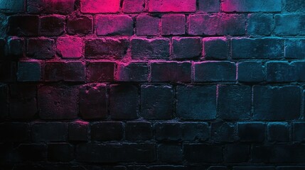 Poster - A dark black brick wall with a rough concrete surface, lit by neon pink and blue lights, creating an artistic and vibrant glow for a modern, empty space backdrop.