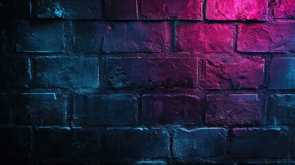 Poster - A dark black brick wall with a rough concrete surface, lit by neon pink and blue lights, creating an artistic and vibrant glow for a modern, empty space backdrop.