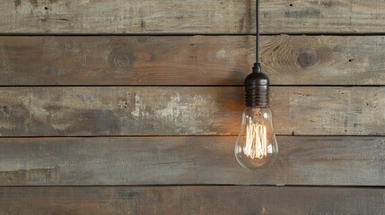 Poster - A light bulb on a rustic wooden background with ample space for your task or message, perfect for business or creative concepts.
