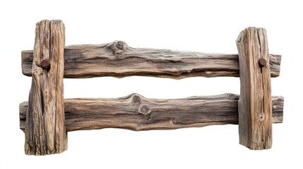 Poster - A rustic brown wooden fence on a white background, isolated for easy use in creative designs or as a decorative element in visual compositions