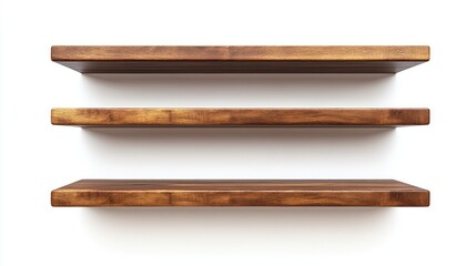 Poster - A set of brown wooden shelves arranged on a white background, featuring clear clipping paths for design and decoration applications.