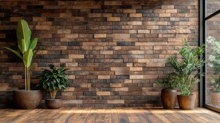 Poster - A stylish blend of brown brick wall texture and wooden floor, ideal for interior design concepts, home decor, and restaurant ambiance.