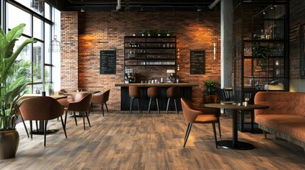 Poster - A stylish blend of brown brick wall texture and wooden floor, ideal for interior design concepts, home decor, and restaurant ambiance.