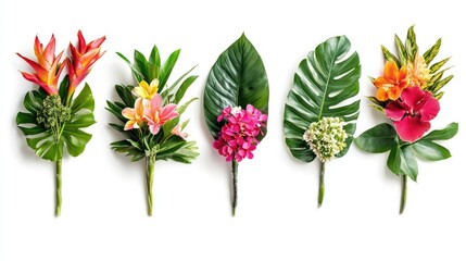Aufkleber - A vibrant set of six bouquets with a variety of fresh tropical leaves and flowers, beautifully arranged and isolated on a white background. Flat lay view with clipping paths.