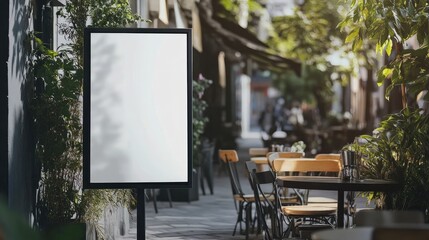 Poster - A white promotion poster placed in front of a coffee shop or restaurant, offering space for marketing messages and promotional information.