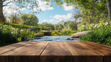 Poster - A wooden table in an outdoor spring setting, with a tranquil river, clear blue skies, and nature's vibrant greenery, creating a peaceful display for design mockups.