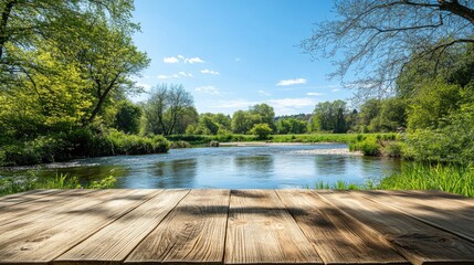 Poster - A wooden table in an outdoor spring setting, with a tranquil river, clear blue skies, and nature's vibrant greenery, creating a peaceful display for design mockups.