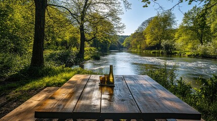 Poster - A wooden table set outdoors against a backdrop of beautiful spring scenery, with vibrant green trees, a flowing river, and a clear sky, offering a peaceful setting.