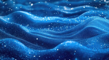 Poster - Abstract underwater flow of blue glitter particles with soft focus, creating a luxury, festive atmosphere for holiday-themed or beauty product promotions.