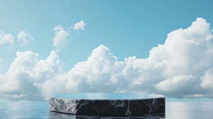 Poster - Black stone podium in front of a bright sky-blue background with soft clouds. Ideal for product showcasing, presentations, or minimalist display concepts.