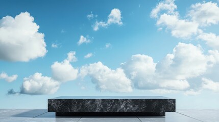Poster - Black stone podium in front of a bright sky-blue background with soft clouds. Ideal for product showcasing, presentations, or minimalist display concepts.