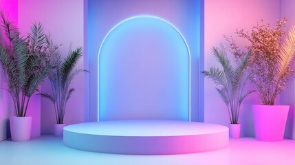 Poster - Blue podium placed in a room with gradient color background, perfect for product display, advertising, or marketing presentations.