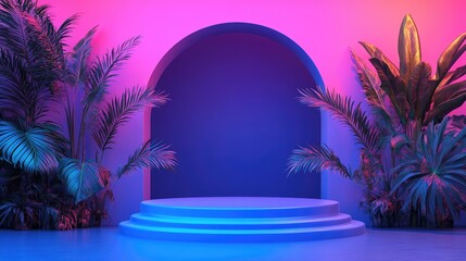 Poster - Blue podium placed in a room with gradient color background, perfect for product display, advertising, or marketing presentations.