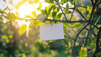 Poster - Business card mockup on a sunny spring day, clipped to a tree branch with green leaves in the background, perfect for eco-friendly branding and quotes.
