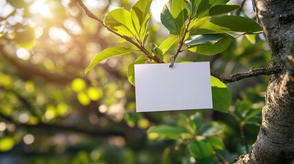 Poster - Business card mockup on a sunny spring day, clipped to a tree branch with green leaves in the background, perfect for eco-friendly branding and quotes.