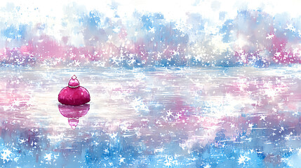 Poster - Floating red object on sparkling water fantasy landscape digital art serene environment aerial view dreamlike concept