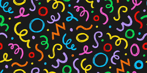 Poster - Kid seamless pattern child fun shape squiggle confetti background. Hand drawn color crayon background fun child squiggle shape. Crayon color confetti abstract seamless pattern vector illustration