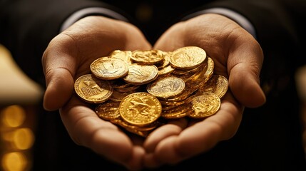 Poster - Close-up of a businessman holding a pile of gold coins with a rising stock graph, perfect for visualizing success, investments, and financial progress.