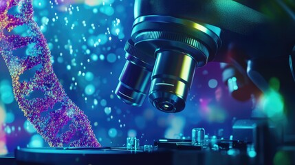 Poster - Close-up of a microscope on a laboratory background, featuring a macro image of DNA in an animated style. Concept of innovative medical technology and cutting-edge science.