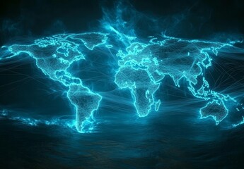Poster - Glowing blue digital world map with network connections.
