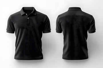 Mock up design of front and back view of a black blank polo shirt with an isolated background