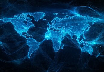 Poster - Glowing blue world map with digital network connections.