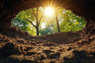 Poster - Sunlight through hole in ground, forest view.