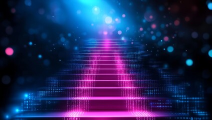 Fototapete - Neon pink stairs leading upwards into a bright blue and dark background with bokeh lights.