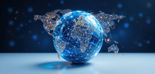 Poster - World geometric and earth for connection ,community and society Map networking and communication, planet model with decoration, abstract design or geometric link of business and global economy, 4k