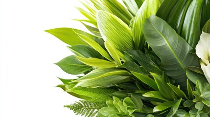 Poster - Close-up view of a bouquet made entirely of various fresh green tropical leaves, isolated on a white background with clipping path, offering space for text or design.