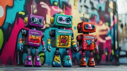 Poster - Colorful robots standing together in front of a graffiti-covered wall, with bright, vivid artwork adding an urban street art flair to the futuristic robots.
