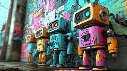 Poster - Colorful robots standing together in front of a graffiti-covered wall, with bright, vivid artwork adding an urban street art flair to the futuristic robots.