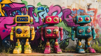Poster - Colorful robots standing together in front of a graffiti-covered wall, with bright, vivid artwork adding an urban street art flair to the futuristic robots.