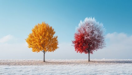 Poster - Two trees, one autumnal gold, the other winter frost, stand side-by-side in a snowy field under a clear sky.