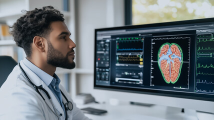 Poster - Focused Physician Reviewing Brain Scan: A dedicated male doctor intently studies a detailed brain scan displayed on a large computer monitor.