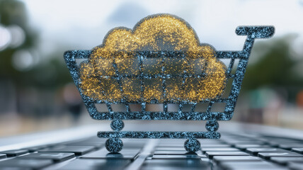 Poster - Cloud Shopping Cart on Laptop: A conceptual image depicting a golden cloud inside a shopping cart icon resting on a laptop keyboard, symbolizing cloud-based shopping or online retail.