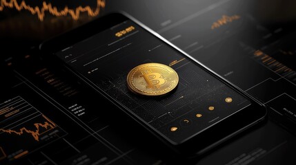 Poster - Golden Bitcoin coin on a black mobile phone background with crypto trading charts, representing cryptocurrency investment and market analysis.
