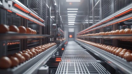 Poster - Interior of a chicken egg factory, with automated systems for egg production, perfect for showcasing agricultural business concepts.