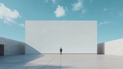 Poster - Large white blank billboard or promotion poster on an outdoor wall against a blue sky, perfect for marketing announcements or advertising campaigns.
