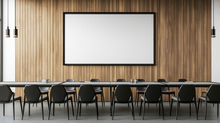 Wall Mural - Blank wall with sleek wooden panels, thin black frame enhances bold modern design.