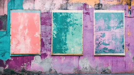 Poster - Messy urban wall with colorful paint in pink, teal, purple, and green, featuring four wrinkled posters. Ideal for city-inspired branding, mockups, or modern advertising.
