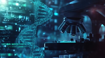 Aufkleber - Microscope focused on animated DNA macro image, with laboratory equipment in the background, capturing the essence of cutting-edge medical research and technology.
