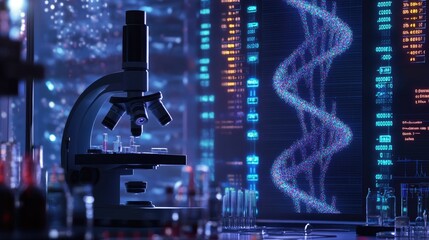Aufkleber - Microscope focused on animated DNA macro image, with laboratory equipment in the background, capturing the essence of cutting-edge medical research and technology.