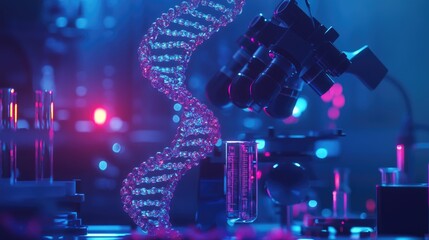 Aufkleber - Microscope focused on animated DNA macro image, with laboratory equipment in the background, capturing the essence of cutting-edge medical research and technology.