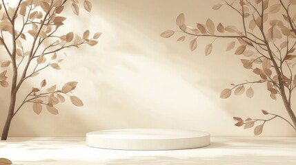 Aufkleber - Minimalist nature scene with empty stage and white podium on beige background, soft shadows from tree leaves. Perfect for cosmetic product or packaging displays.