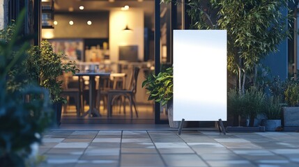 Poster - Mockup of a white paper or poster displayed in front of a restaurant, perfect for marketing promotions and advertising announcements.