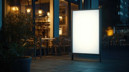 Poster - Mockup of a white paper or poster displayed in front of a restaurant, perfect for marketing promotions and advertising announcements.