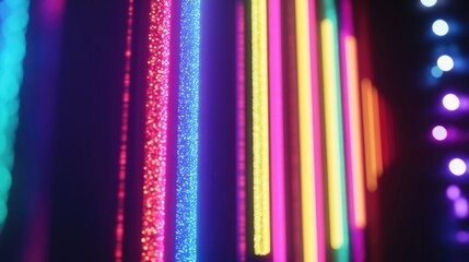Aufkleber - Neon rainbow lights with a sparkling glow effect, creating a defocused festive background with a dark, bokeh-inspired vibe, ideal for creative projects.